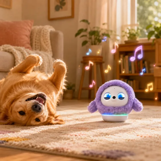 Ropet KAMOMO, a purple plush AI companion robot, sitting on a rug beside a golden retriever